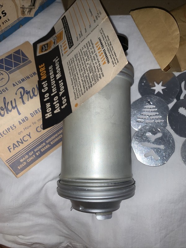 Vintage 1940s Maid of Honor Cooky press In Original Box sold by Sears Roebuck gallery