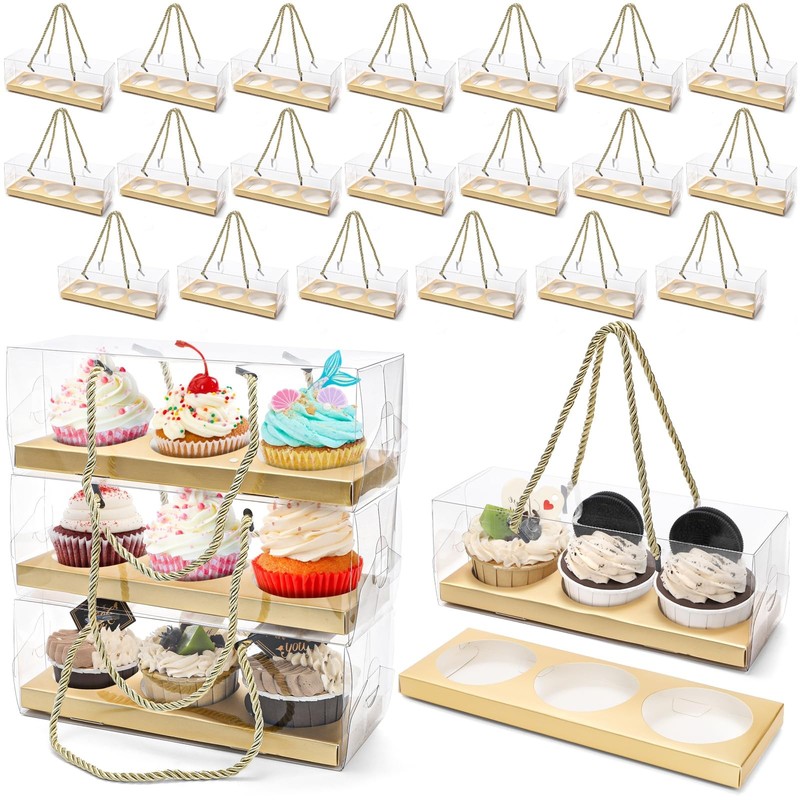 24 Pack Clear Cupcake Box with Handle, 9 x 3 x 3 In 3 Count Plastic Cupcake C…