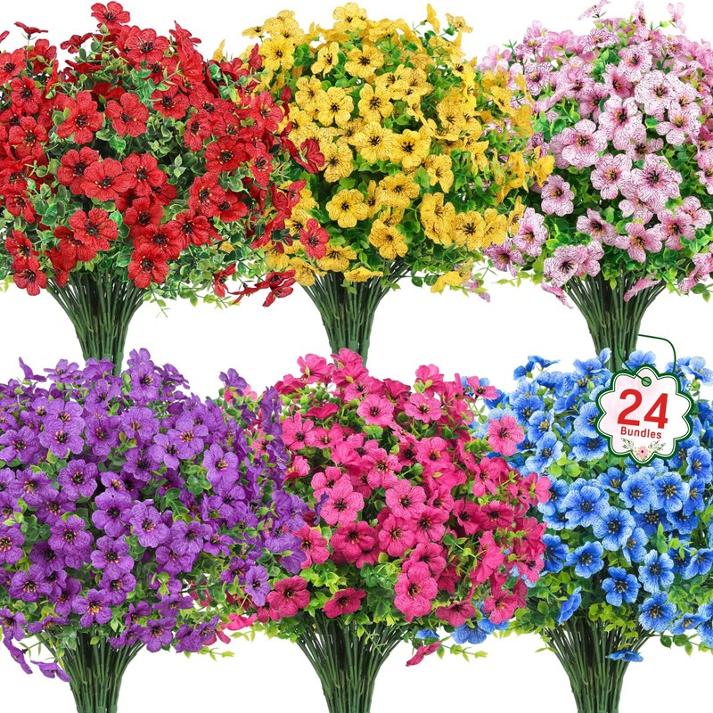 24PC Artificial Flowers Outdoor Silk UV Resistant Faux Plants for Garden Porch