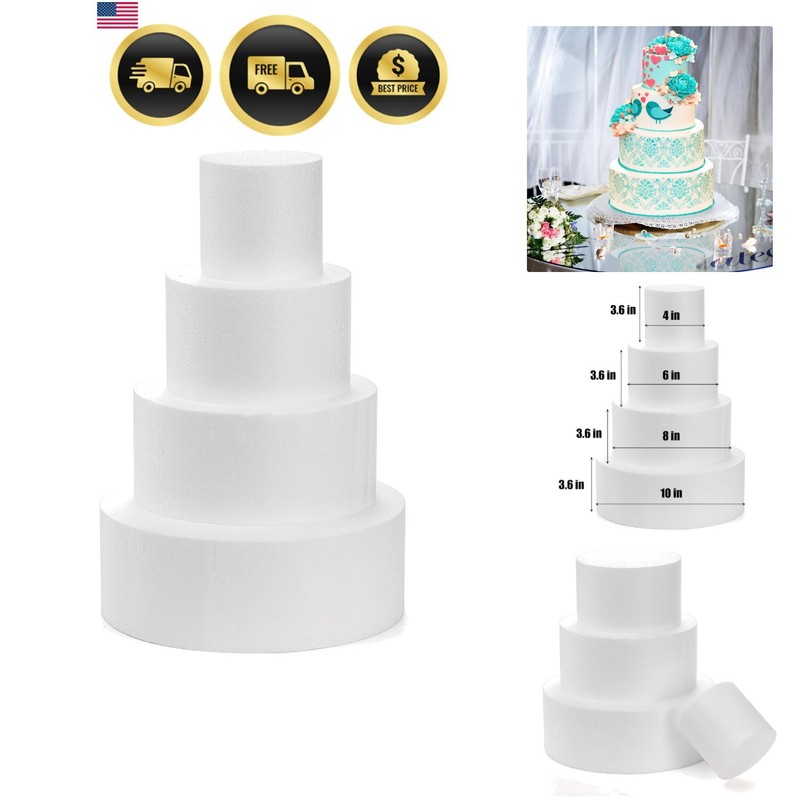 Set of 4 Round Foam Cake Dummies, 4 Tiers of 4″ 6″ 8″ 10″ White Dummy Cake Ro…