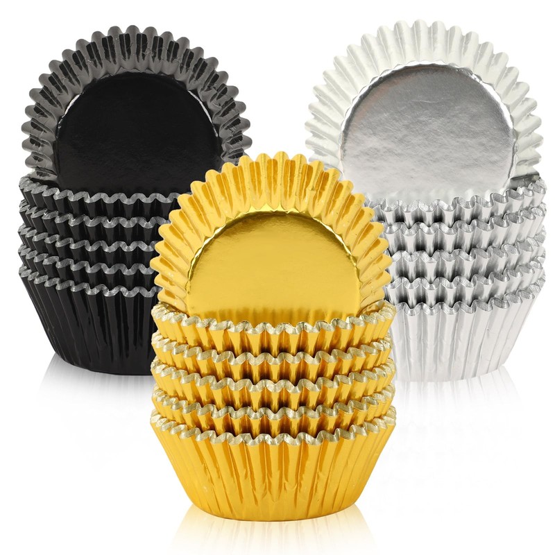 450Pcs Foil Cupcake Liners, Black, Gold, Silver, Metallic Muffin Liners