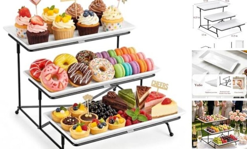 3 Tier Serving Trays for Party, Porcelain Serving Platters and 12 Inch Black