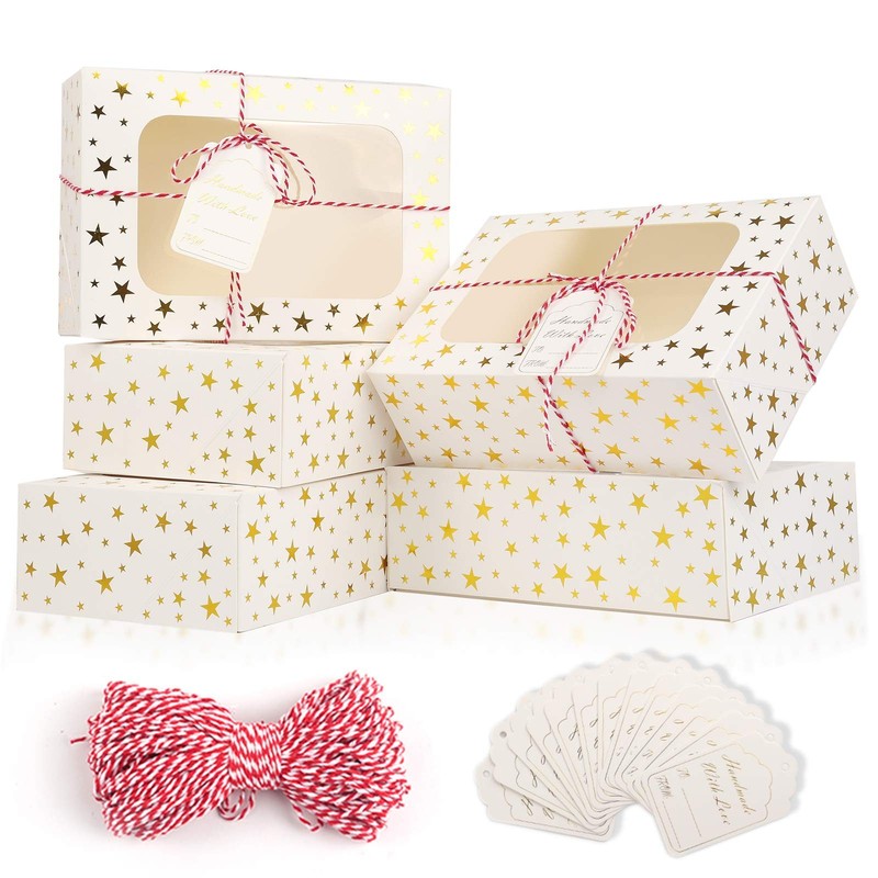 24 PCS Christmas Cookie Boxes for Gift Giving, 9x6x3 Golden Star Christmas Tr…