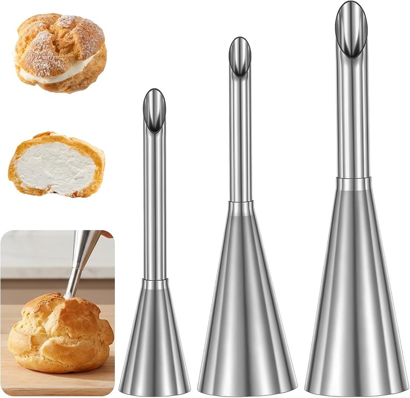 3 Pcs Cream Icing Piping Nozzle Tips, Puff Filling Tip Stainless Steel Long