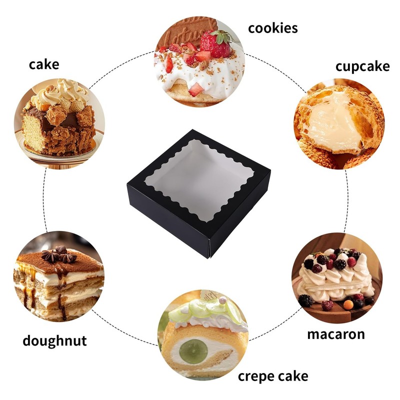 Black Bakery Cake Pastry Cookie Box Container With Window 50 PCS 8x8x2.5 Inch gallery