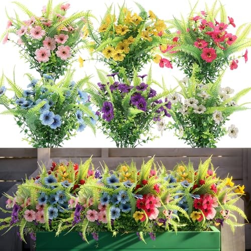 Artificial Outdoor Plants 12 Bundles Fake Boston Fern with Mix Flowers&fern