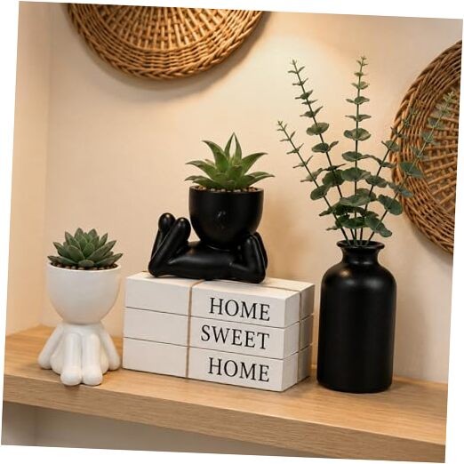 4PCS Farmhouse Home Decor Set, 3Pcs Faux Books + 2Pcs Fake Succulents Plants + gallery