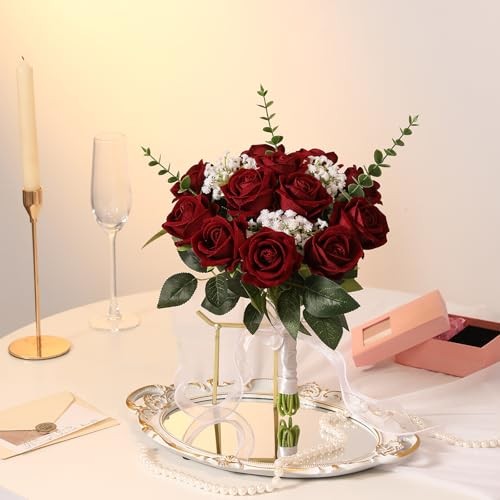 12PCS Artificial Flowers Fake Roses, Realistic Velvet Long Stem Red Roses Wine gallery