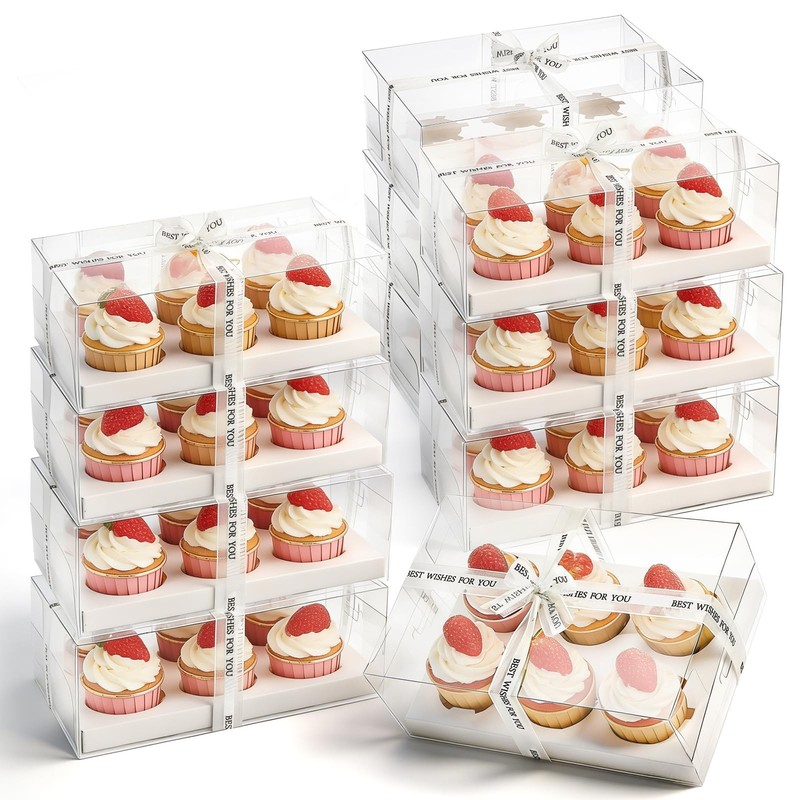15 PCS Clear Cupcake Boxes 6Count Containers With Gift Ribbon Carrier