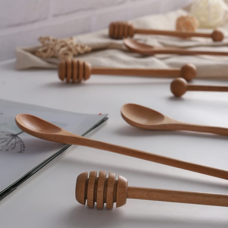 4 PCS 6 Inch Honey Dipper Sticks 4 PCS 7.87 Inch Coffee Stirring Spoons Wood gallery