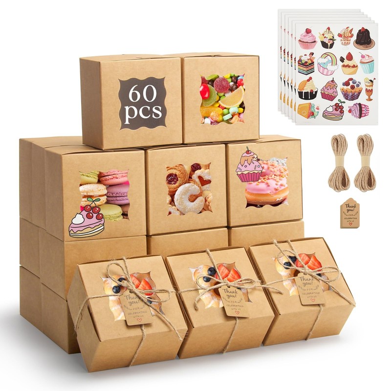 60pcs Cookie Boxes with Window, 4x4x2.5 Inch Bakery Treat Boxes with Cake-The…