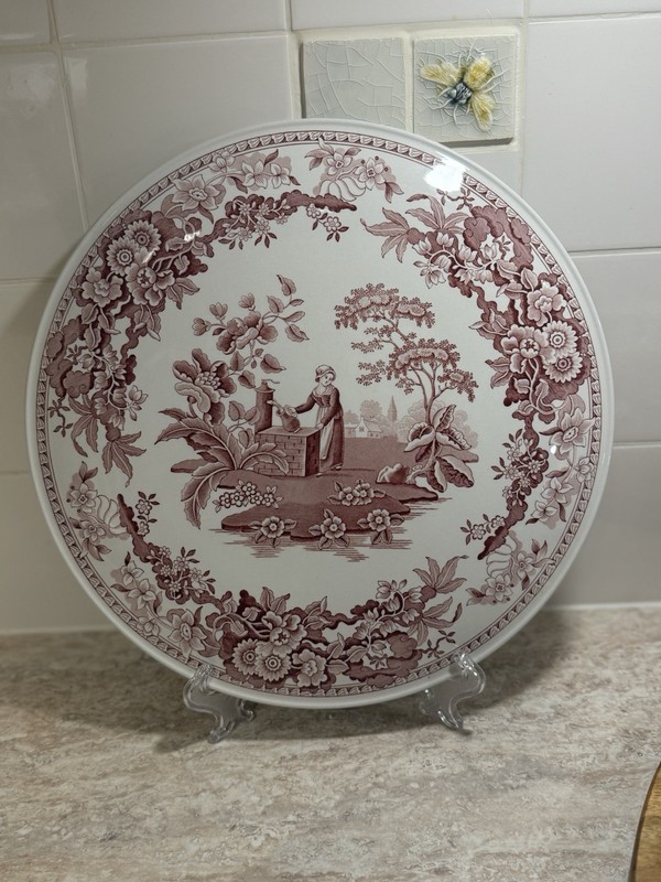 Transferware Plate Spode Archive Collection Girl at Well Raised Pink Cake Plate