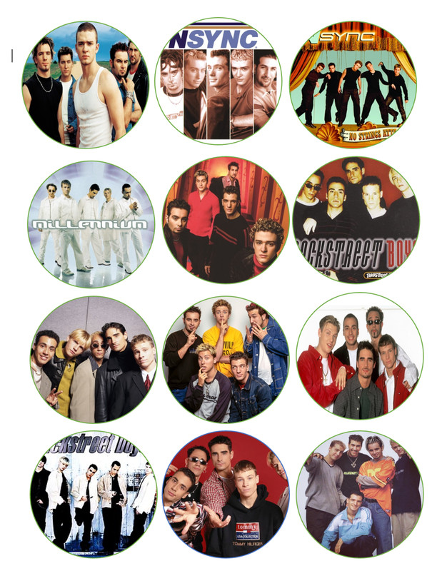 12 90’s/2000s boy bands decade themed edible paper, cupcake cookie toppers