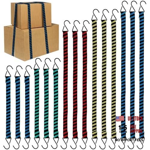 Pack Bungee Cords Heavy Duty Stretchable Straps with Hooks 80-180” Length, 15