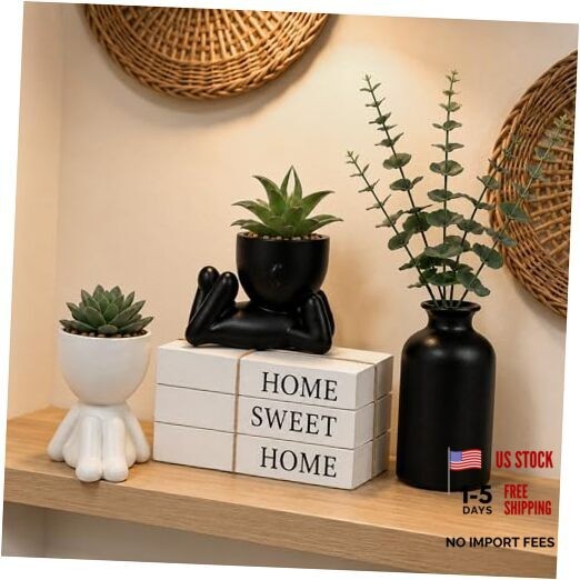 4PCS Farmhouse Home Decor Set, 3Pcs Faux Books + 2Pcs Fake Succulents Plants +