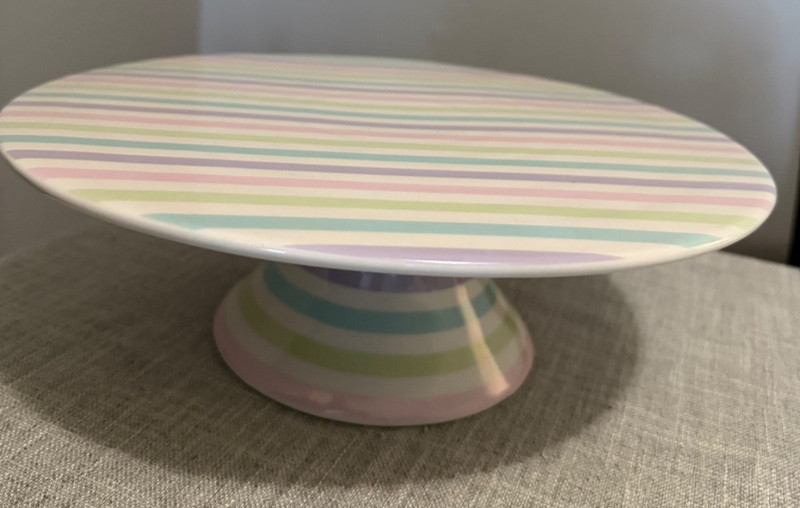 🎂 N D Exclusive Pastel Striped Ceramic Cake Stand • 12" Tall • Spring/Easter