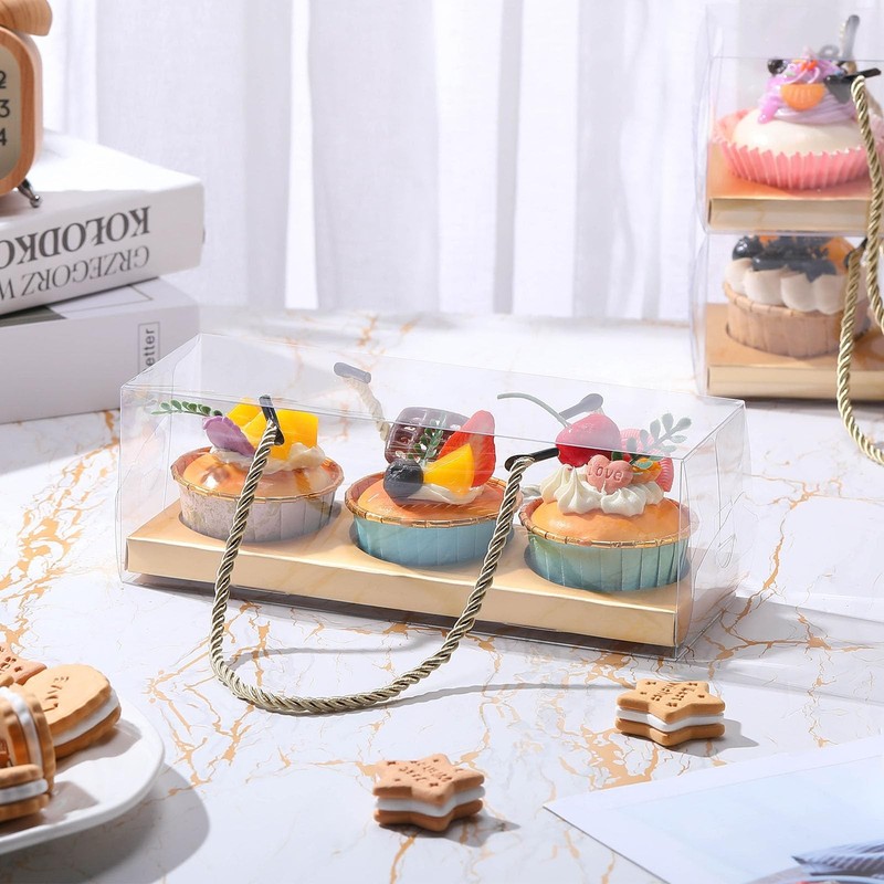 40 PCS Gold Clear Cupcake Boxes 3Count Containers With Handle 9x3x3 Inch gallery