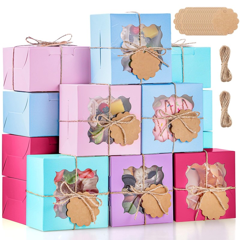 40 Pcs Valentine Bakery Gift Boxes with Window Twine Tags 4 x 4 x 2.5 Inches …