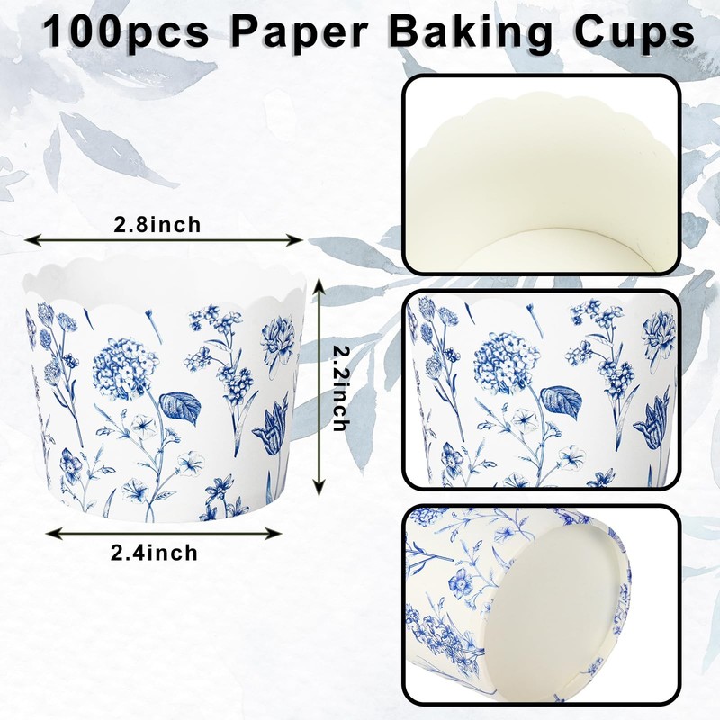 100 PCS Blue Floral Paper Baking Cups White Wildflower Cupcake Wrapper Muffin gallery