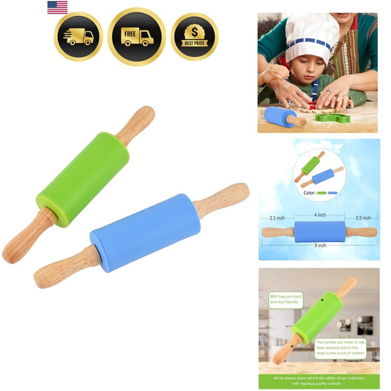 Mini Silicone Rolling Pin for Kids, Non-stick Surface Wood Handle, 9 Inch 2 Pack