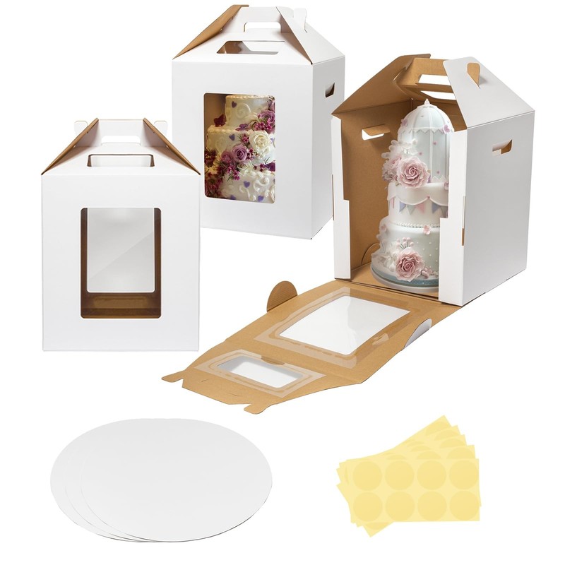 3 Pack Tall Cake Boxes 14x14x16 Inches with Cake Board – Large Disposable Lay…
