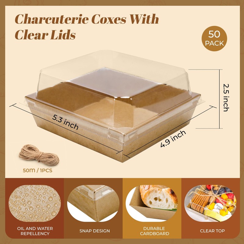 50 Pack Valentines Charcuterie Boxes Clear Lids 5.3x4.9x2.5 Inch Paper Brown gallery