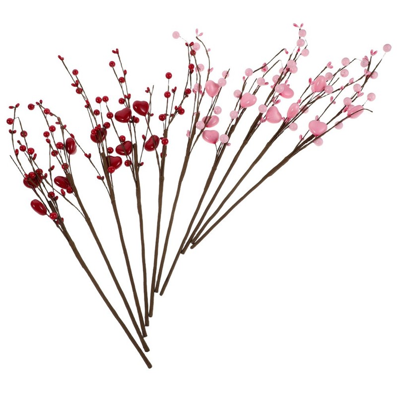 10Pcs Artificial Valentine’s Day Berry Branches with Heart Shaped Foam Ornaments