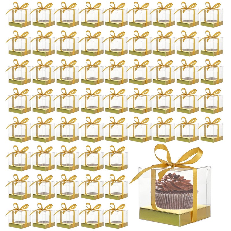 60 Pcs Clear Plastic Cupcake Boxes 3.5 inch Gold Single Cupcake Containers In…