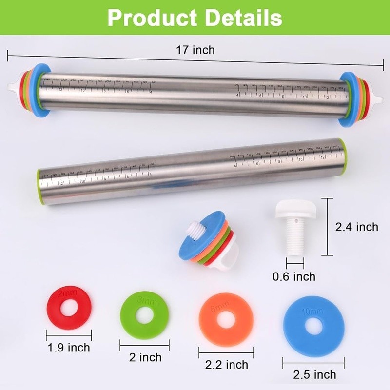 Stainless Steel Adjustable Rolling Pin W/ Thickness Rings Baking Pastries New gallery