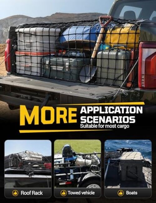 Cargo Net for Pickup Truck Bed - Stretchable 4' x 6' to 8' x 12' with 4" x 4" gallery