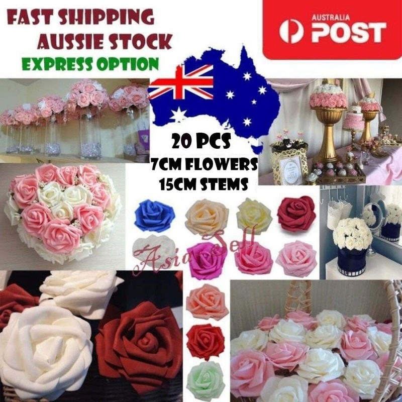 20x Artificial Flowers 7cm Foam Rose Fake Bride Bouquet Wedding