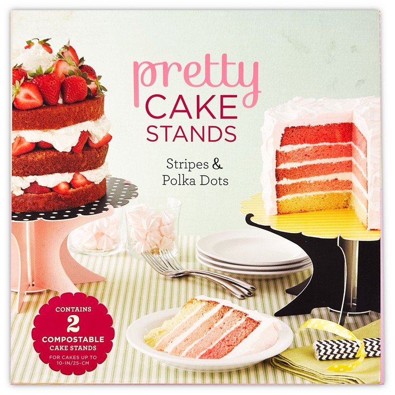 Pretty Cake Stands Stripes and Polka Dots, 10 inch Compostable Stands, Set of 2
