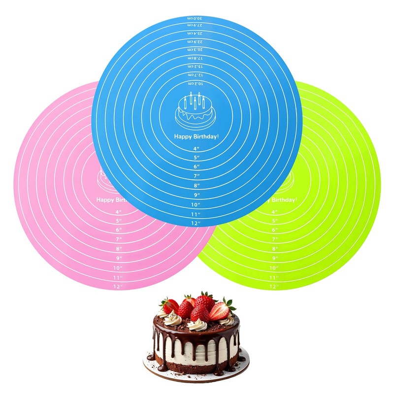 Qianyu 3Pcs Round Cake Turntable Mat Silicone large, Green + Pink + Blue