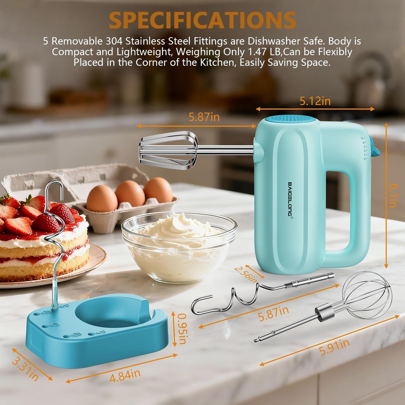 Hand Electric Mixer, 5-Speed KitchenMixer with 5 * 304 Stainless Steel Attach... gallery