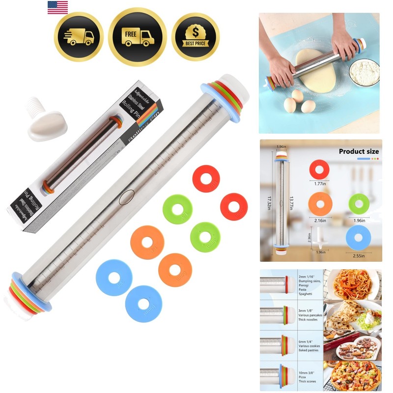Adjustable Rolling Pin With 4 Thickness Rings, Stainless Steel Dough Roller P…