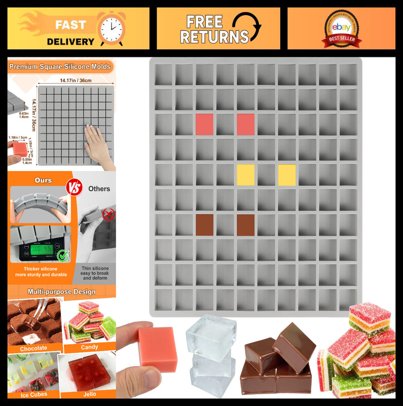 Square Silicone Mold for Chocolate, Ice Cubes & Candy | 100 Cavity, Easy Release