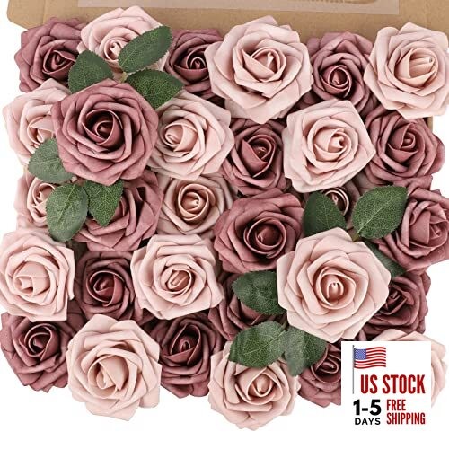 Artificial Flower Roses Real Touch Fake Flowers with 30PCS Warm Taupe & Nude