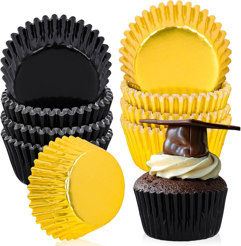 200Pcs Black Gold Foil Cupcake Liners Graduation Foil Metallic Baking Cups Cupca