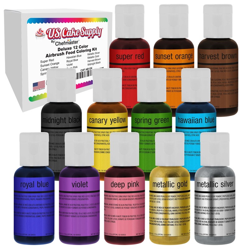 Chefmaster Airbrush Food Coloring Set – 12 Popular Colors in .7 fl. oz. Bottles