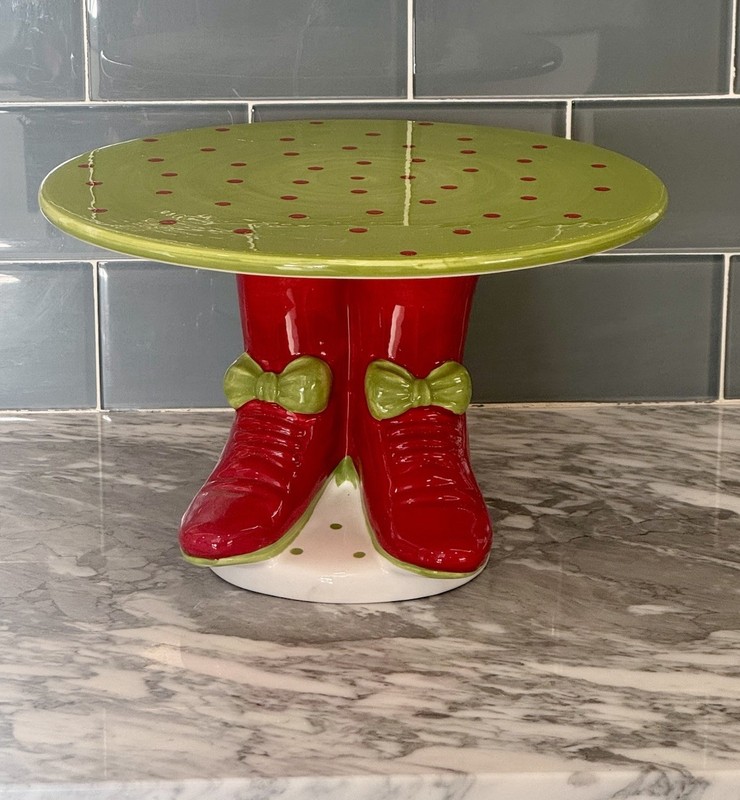 Mesa Home Cake / Dessert Polka Dot Plate Red Boots Green Bow Pedestal 10”W 6”H