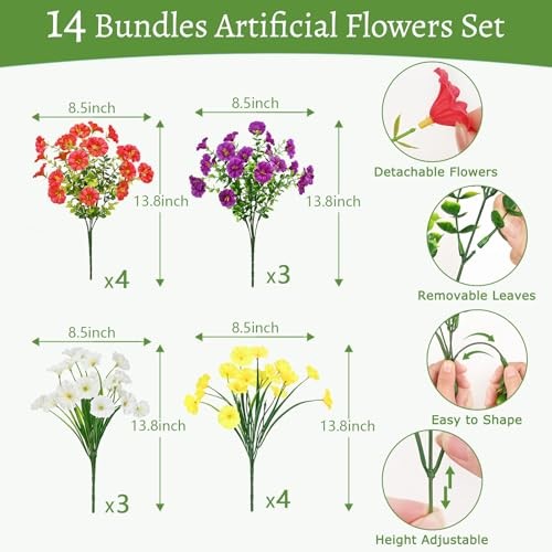 Artificial Flowers for Outdoors 14 Bundles Purple, Rose Red, White & Yellow gallery