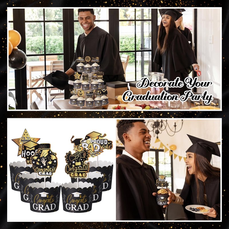 96 PCS Graduation Cupcake Liners Toppers Set Class of 2026 Black Gold Decor gallery