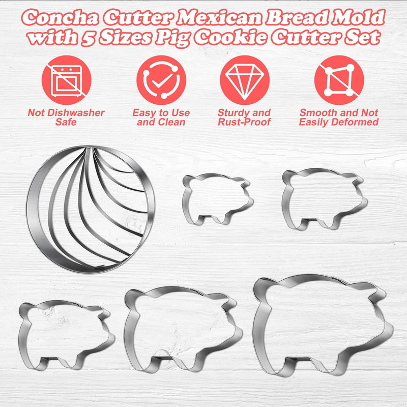 Concha Cutter Mexican Bread Mold 4.1 Inch with 5 Sizes Pig Cookie Cutter Set, Me gallery