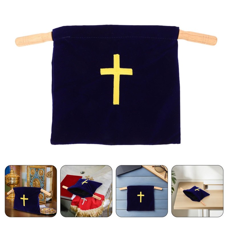 2Pcs Durable Velvet Offering Pouches with Cross Embroidery for Church Donations