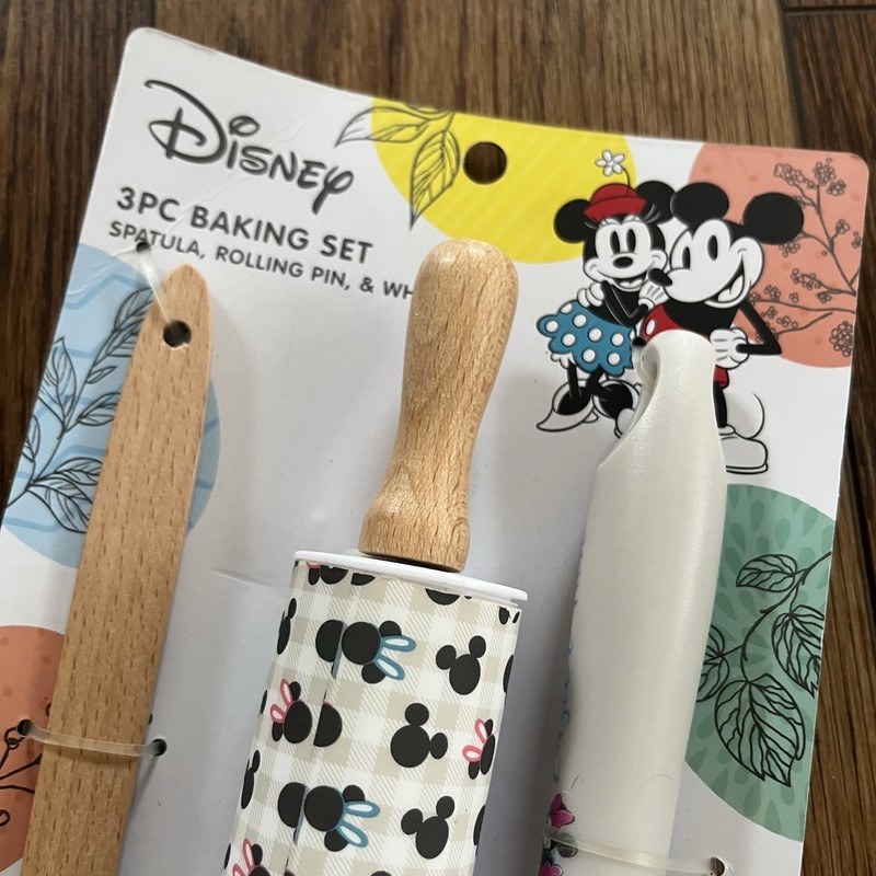 Disney Mickey Mouse 3PC Baking Set Rolling Pin Spatula Whisk Non-Stick