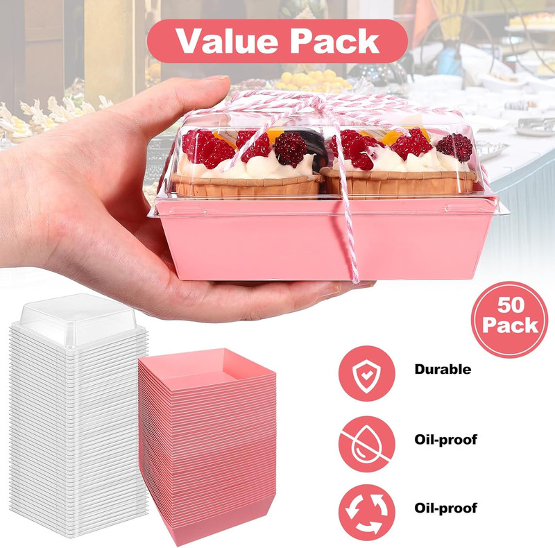 50 Pack Paper Charcuterie Boxes with Clear Lids,4.3" Pink Square Disposable Food gallery