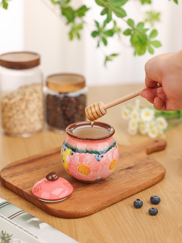 Handmade Ceramic Honey Jar with Lid, 8 oz Floral Design Honey Pot with Dipper... gallery