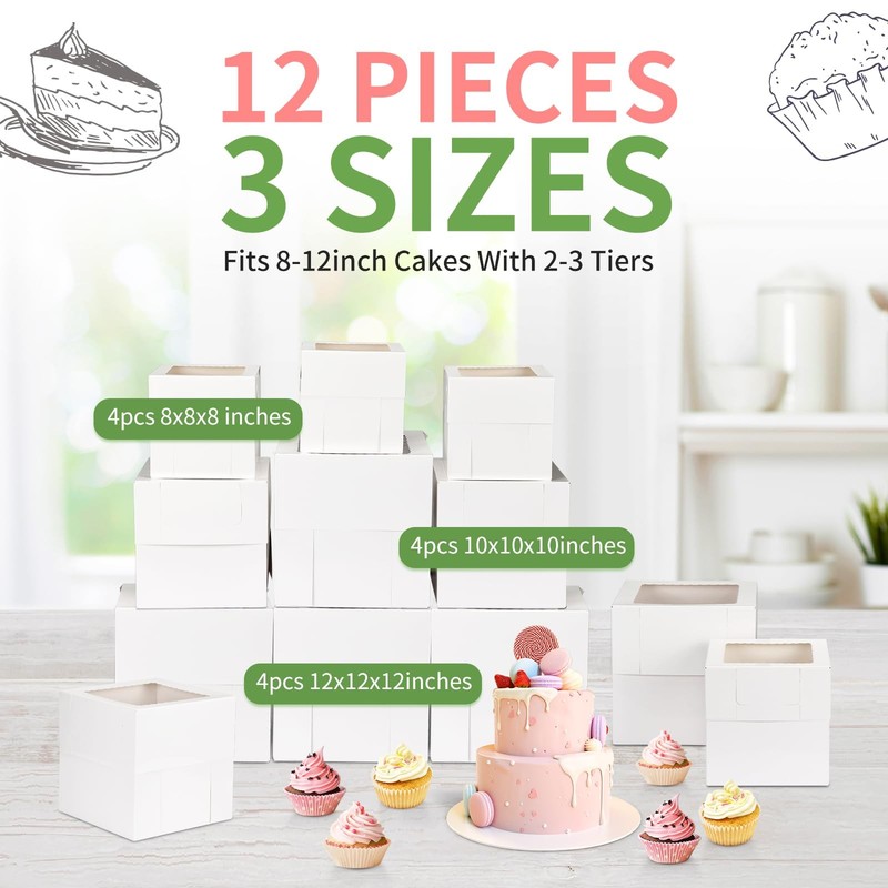 12 Pcs Cake , Tall Cake Boxes with Window in 3 Sizes 12x12x12 10x10x10 8x8x8 gallery