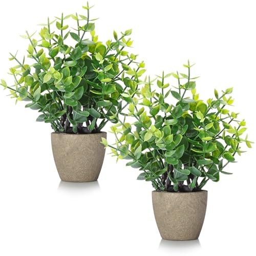 2 Pack Fake Plants Ceramic Mini Artificial Greenery Potted Plants for 2 Grey