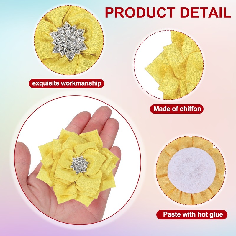 3 Inch 10 Pcs Rhinestone Pearl Chiffon Flower, Yellow gallery